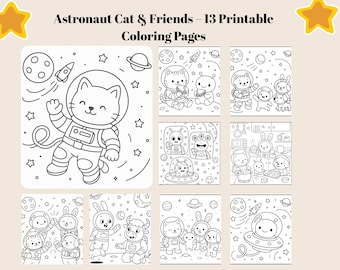 May include: Black and white printable colouring pages featuring astronaut cats and friends in space. The pages include various scenes with cats, aliens, and other characters in space suits, with planets, rockets, and stars.