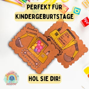 Invitation pelle anniversaire enfant | Carte d'invitation DIY avec compartiment à bonbons | Invitation d'anniversaire à imprimer | Soirée à thème chantier