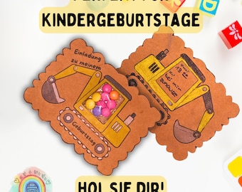 Excavator invitation for children's birthday | DIY invitation card with candy compartment | Birthday invitation to print | Construction site theme party