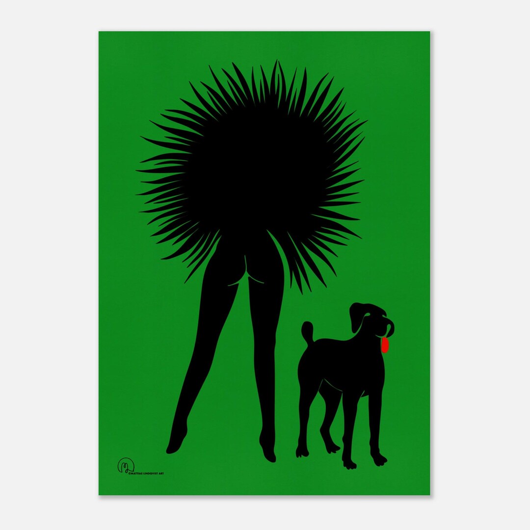 WOOF! Black on Green Nude Woman + Dog Silhouette, Art