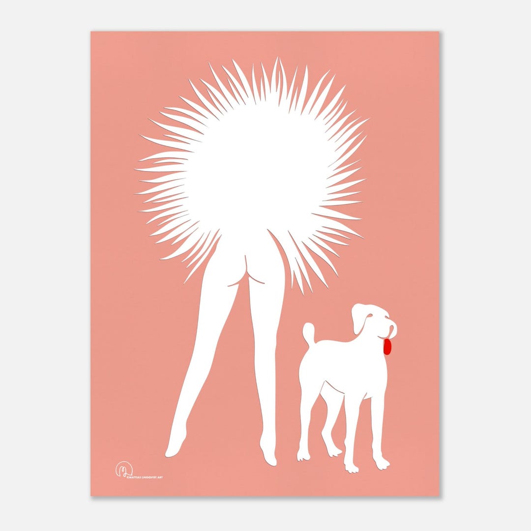WOOF! White on Peach - Nude Woman + Dog Silhouette, Art Print From
