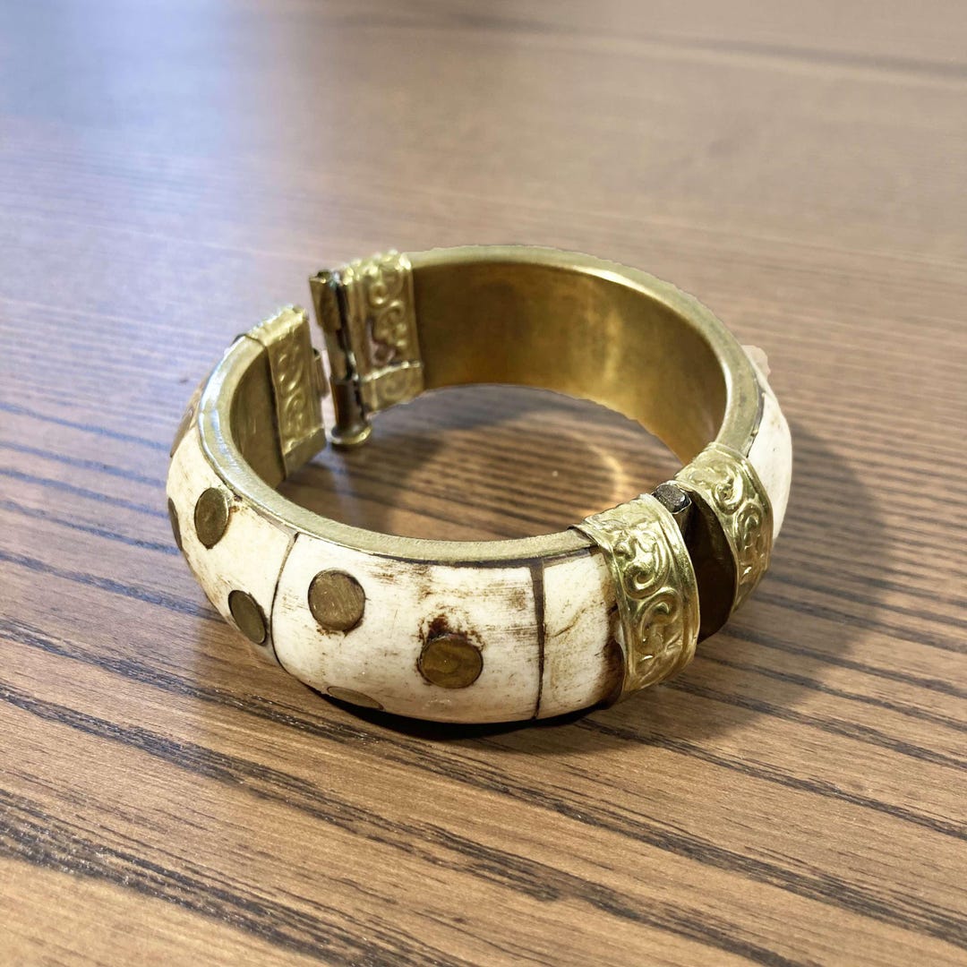 Bracelet Ethnique Vintage En Os, Laiton Et Pierre Naturelle - Occasion Bon état