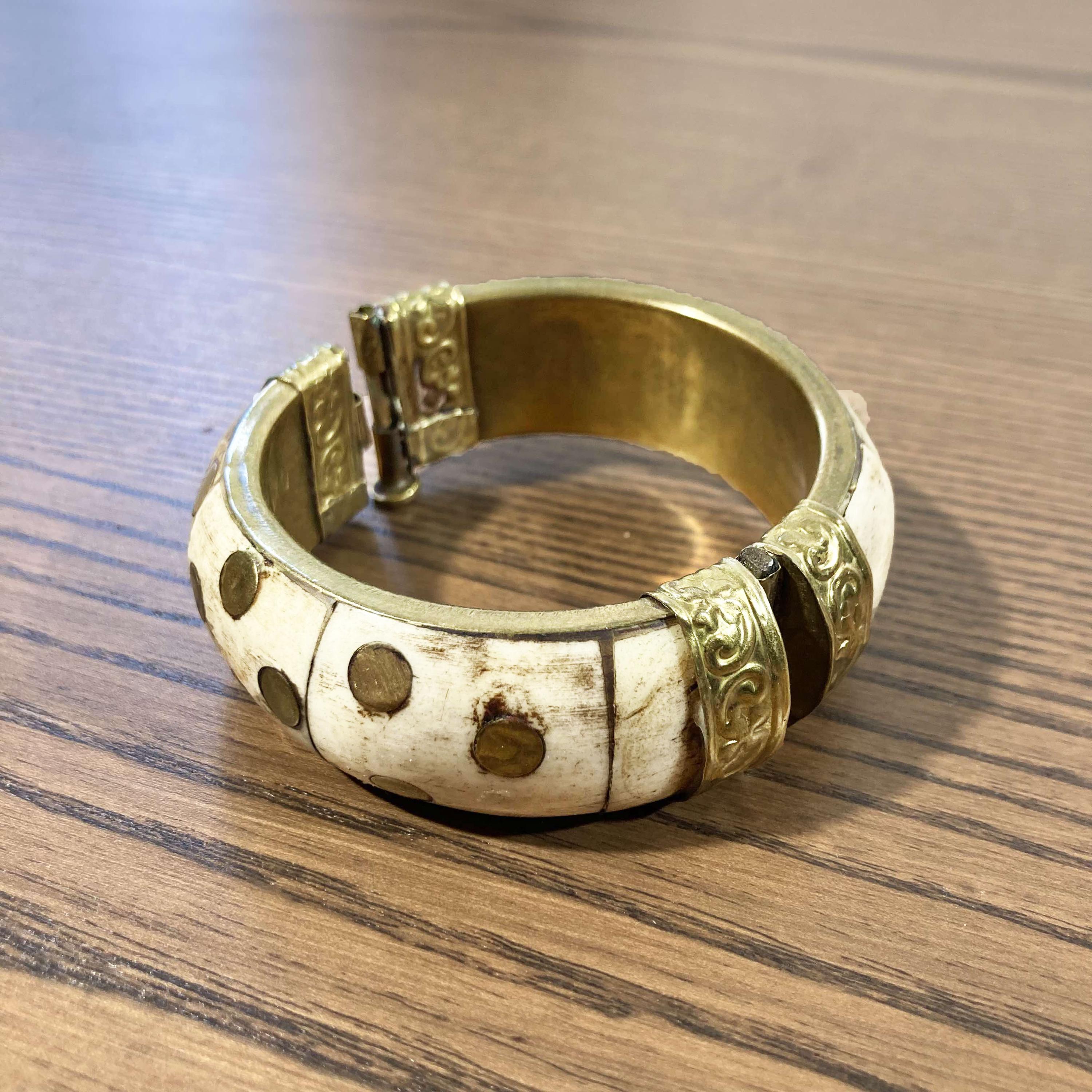 Bracelet Ethnique Vintage En Laiton Et Os - Style Ancien, Occasion Bon état