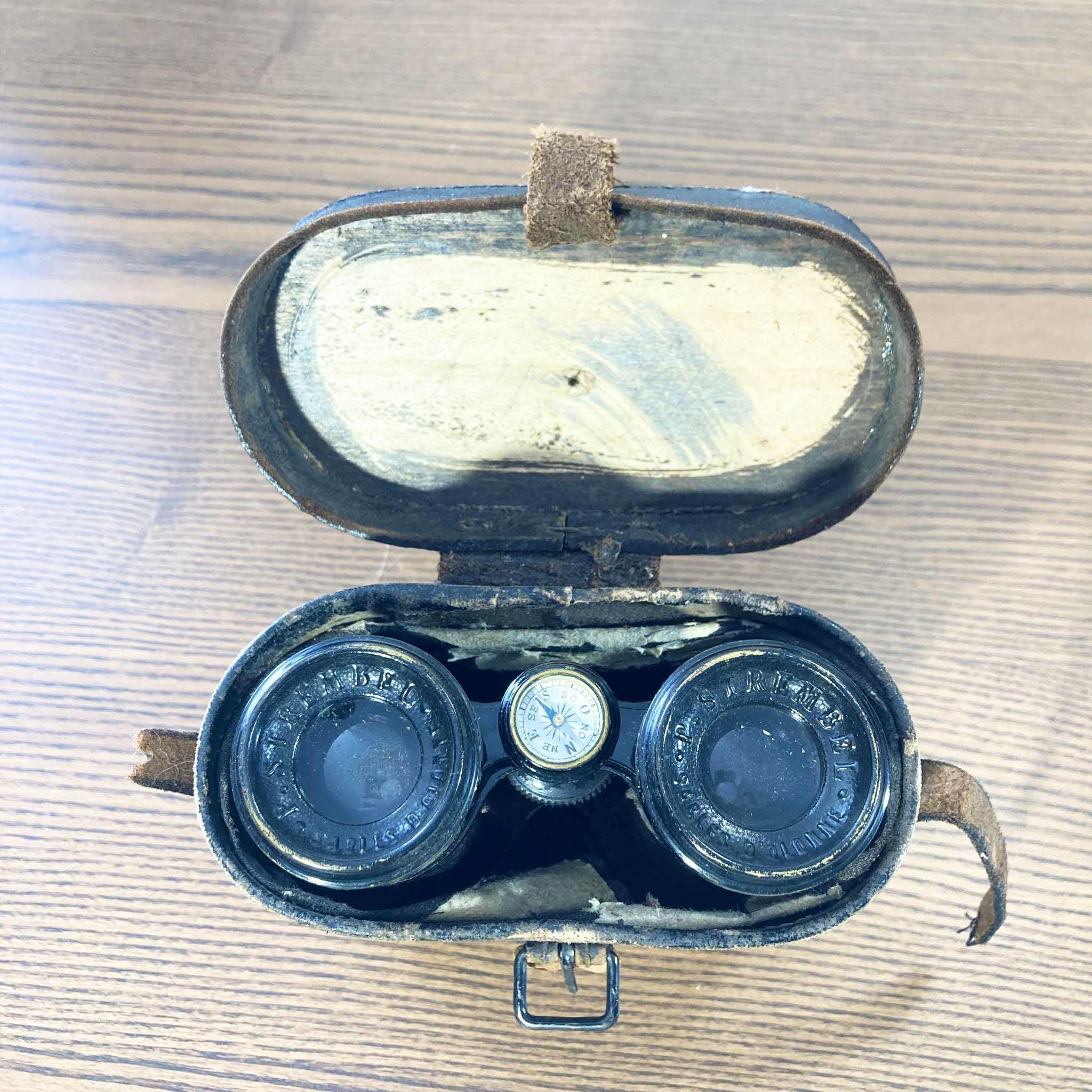 Jumelles d'opéra victoriennes anciennes avec boussole : émail noir et cuir - France