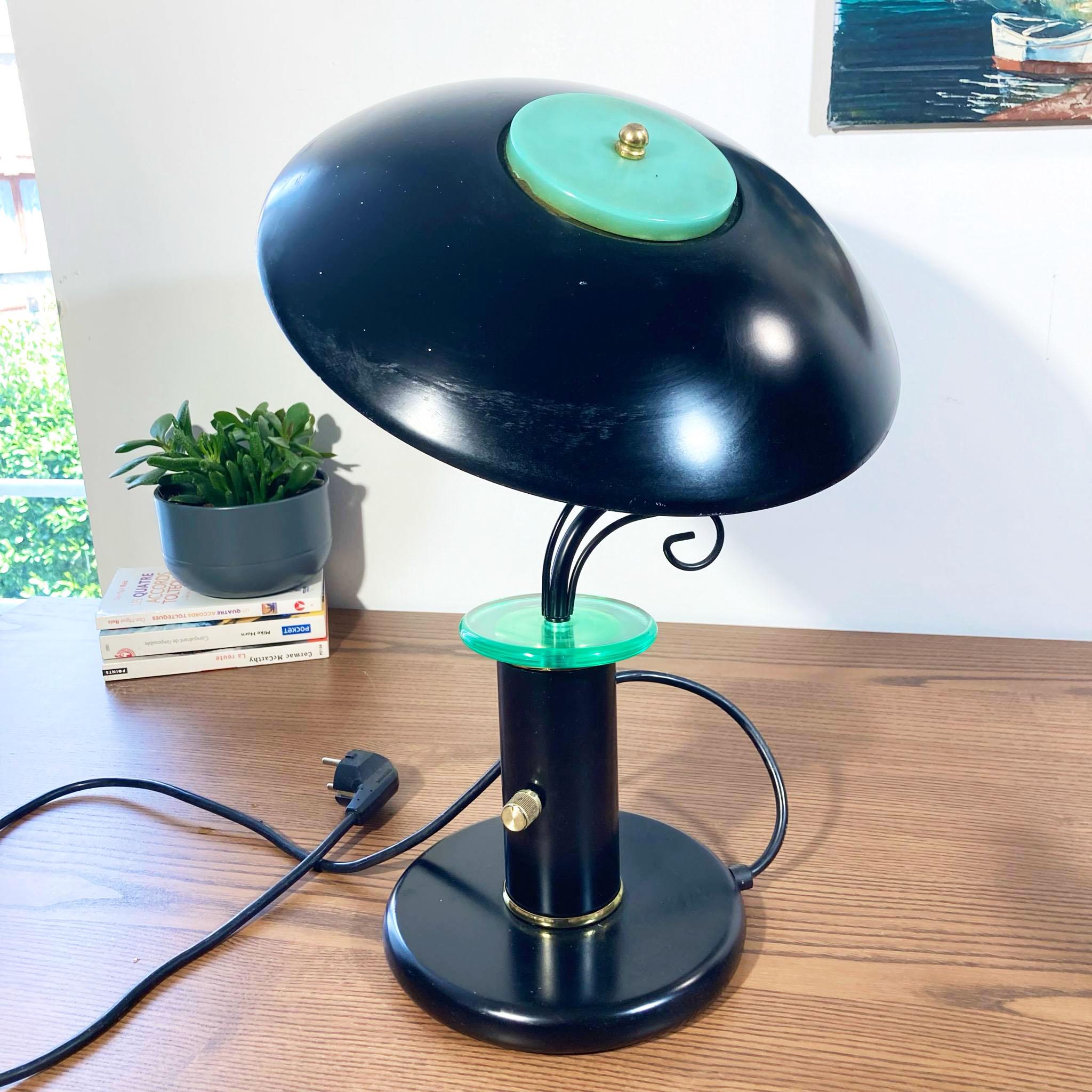 Lampe De Table Postmoderne Memphis Pomo - Verre Géométrique Bleu Et Noir - 80s
