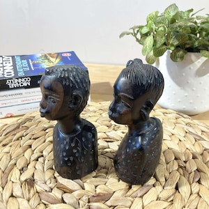 Pair of carved ebony busts vintage African art ethnic decoration tribal crafts