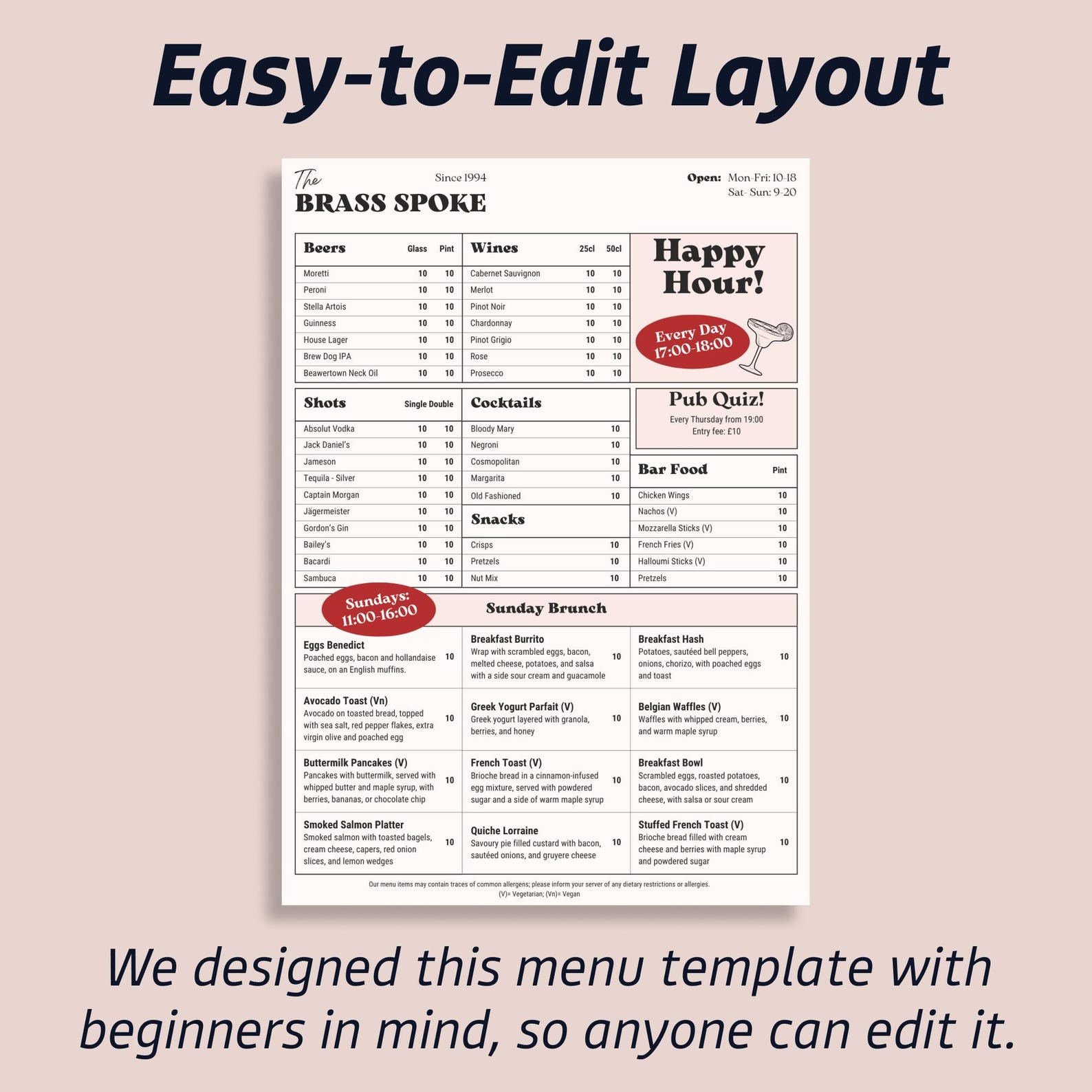 British Pub Menu Template, Bar, Cocktail and Drink Menu, A4 Portrait ...