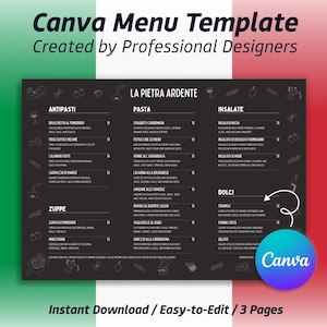 Plantilla de menú de restaurante italiano, menú de pizzería y bistró, tamaño A3 horizontal, totalmente personalizable e imprimible, descarga instantánea, plantilla Canva