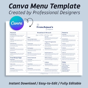Plantilla de menú de brasserie, menú de restaurante de brunch y cena, tamaño A3 horizontal, totalmente personalizable e imprimible, descarga instantánea, plantilla Canva