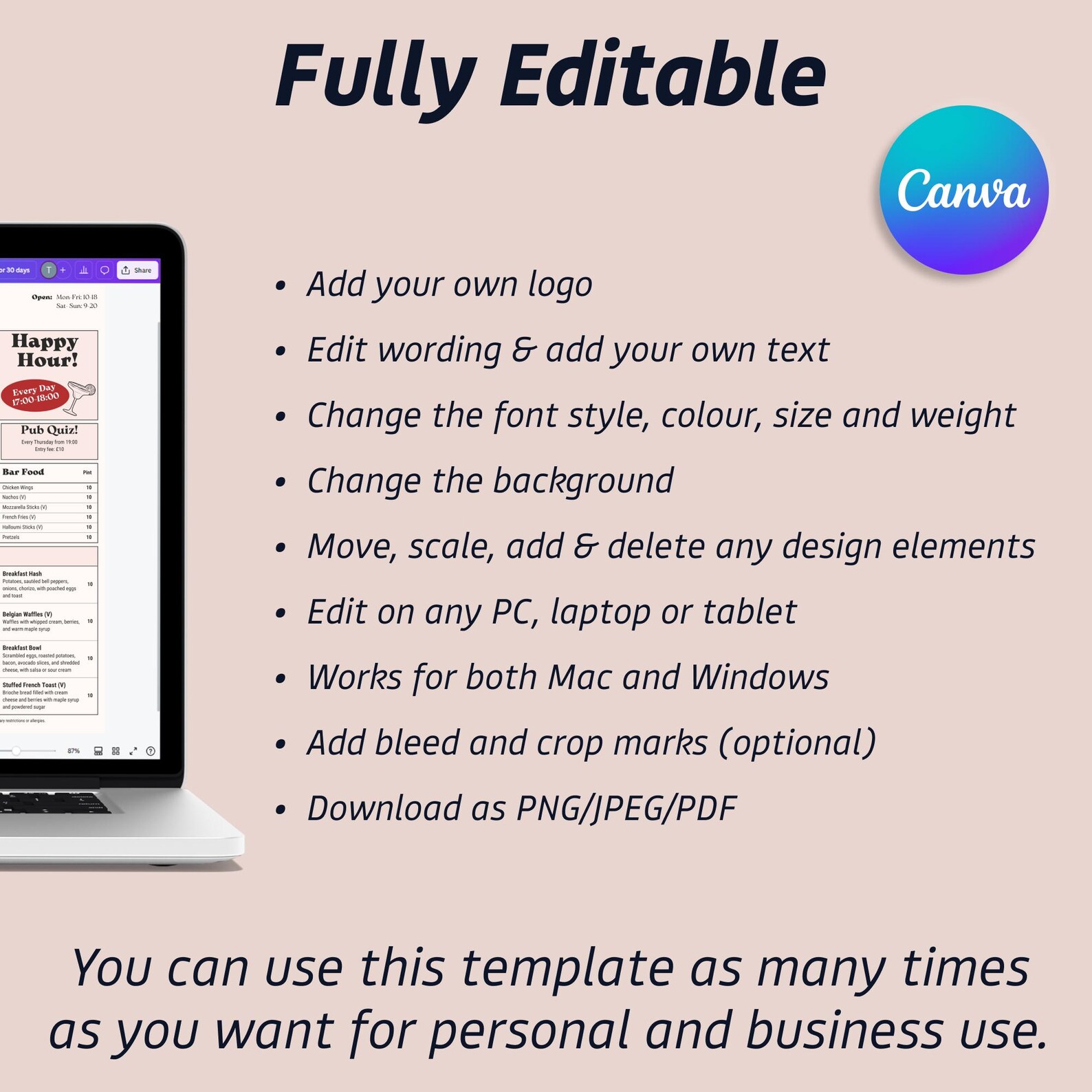 British Pub Menu Template, Bar, Cocktail and Drink Menu, A4 Portrait ...