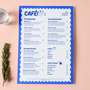 Modelo de menu de café, menu de restaurante de café da manhã e padaria, retrato A4, totalmente personalizável e imprimível, download instantâneo, modelo Canva
