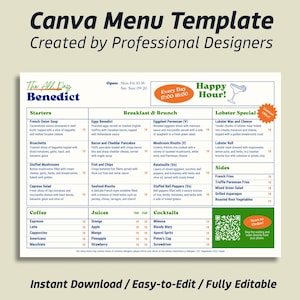 Plantilla de menú de restaurante de brunch, menú de desayuno y cena, tamaño A4 horizontal, totalmente personalizable e imprimible, descarga instantánea, plantilla Canva