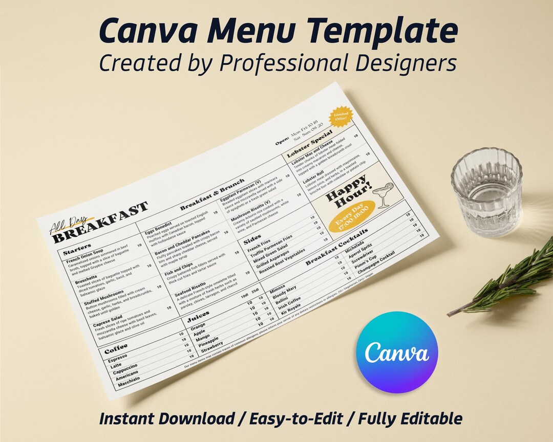 Breakfast Restaurant Menu Template, Brunch and Diner Menu, A4 Landscape ...