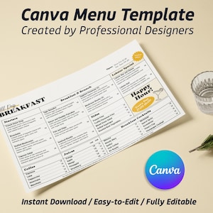 Plantilla de menú de restaurante de desayuno, menú de brunch y cena, tamaño A4 horizontal, totalmente personalizable e imprimible, descarga instantánea, plantilla Canva