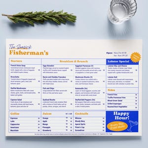 Plantilla de menú de restaurante, menú de desayuno y brunch, tamaño A4 horizontal, totalmente personalizable e imprimible, descarga instantánea, plantilla Canva