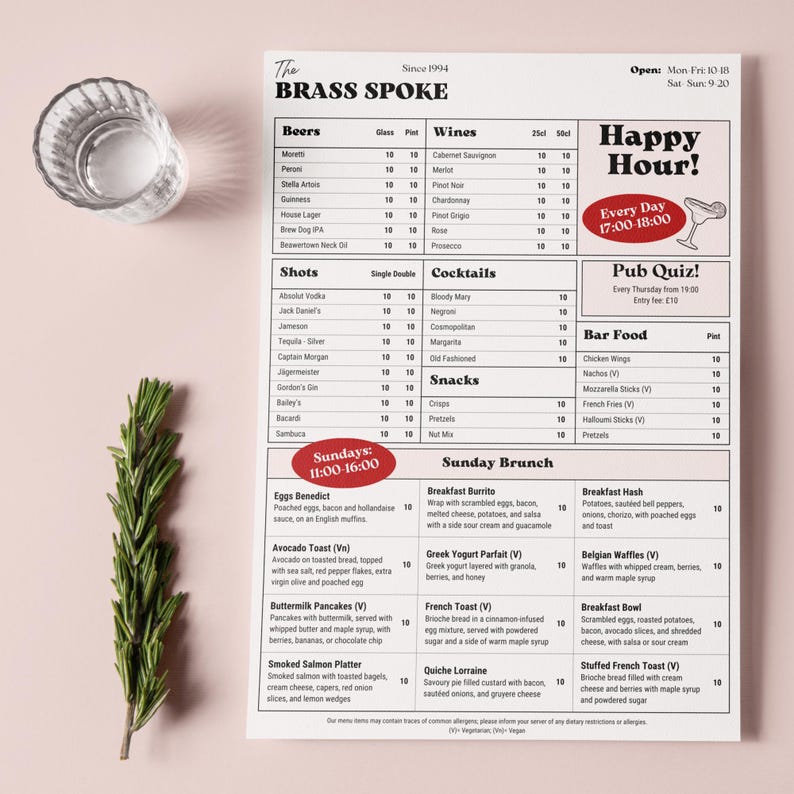 British Pub Menu Template, Bar, Cocktail and Drink Menu, A4 Portrait ...