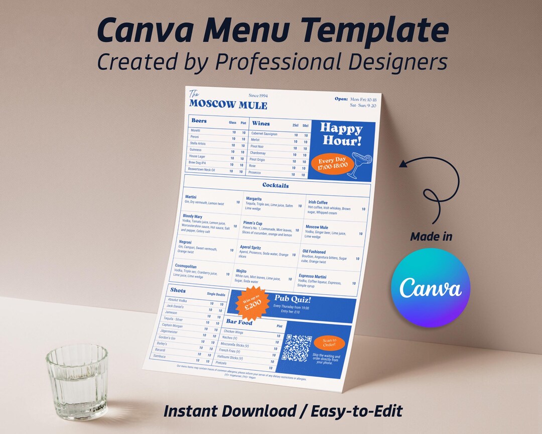 Bar Menu Template, Pub, Bar Food, Cocktail and Drink Menu, A4 Portrait ...