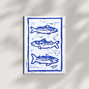 Handmade Three Fish Linoprint A6 Postcard