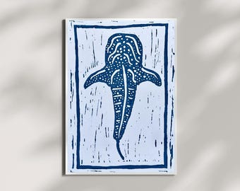 Handmade Whale Shark Linoprint A6 Postcard