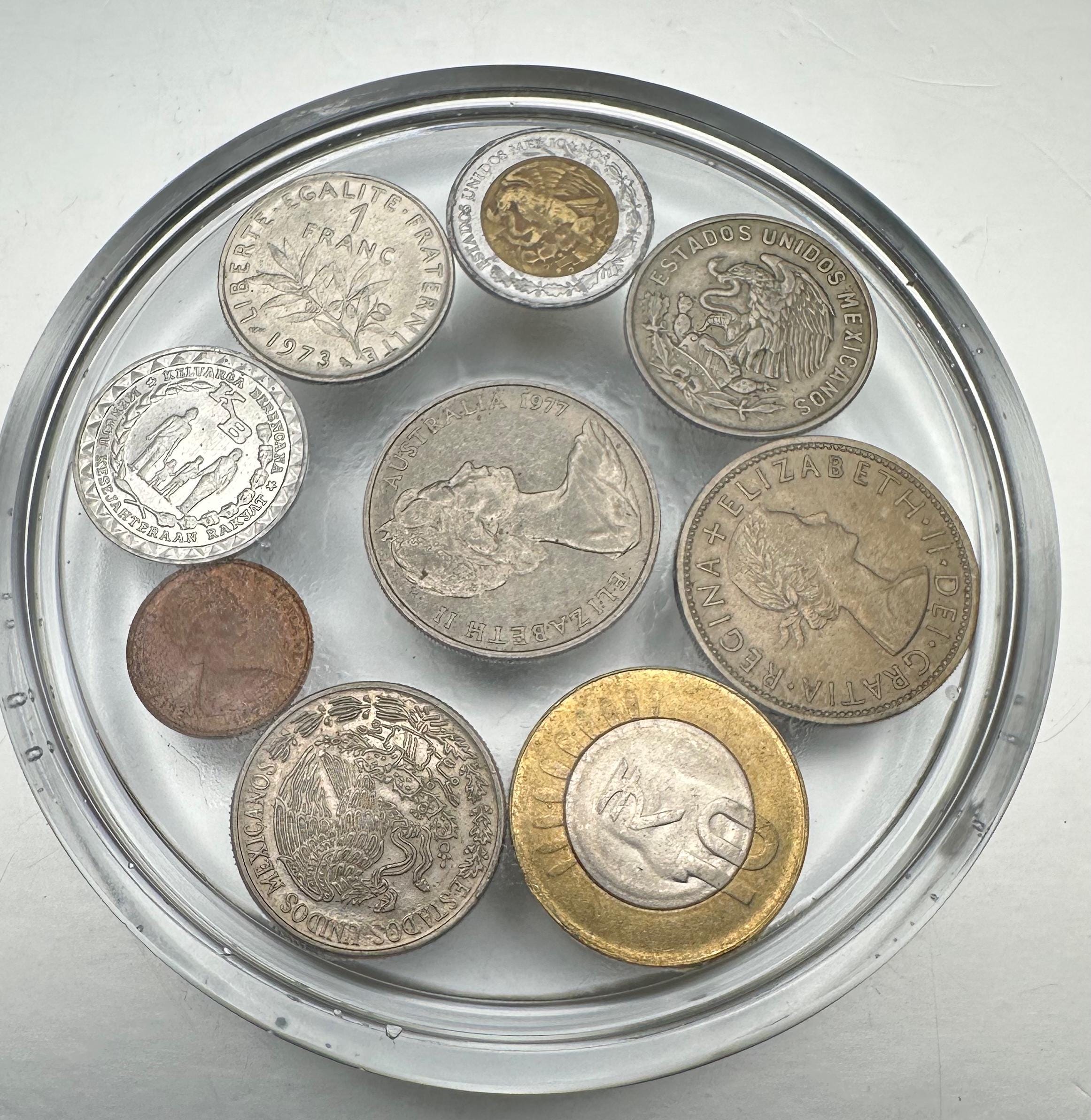 Resin coasters foreign coins, 4 pk, clear, round, square, barware, gift, office