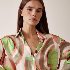 Vibrant Printed Satin Shirt | Elegant Button-Down Blouse | Women’s Luxury Abstract Satin Top
