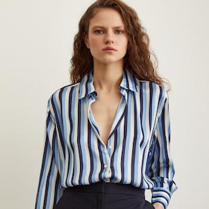 Striped Satin Shirt for Women  | Pink & Navy Options | Elegant Long Sleeve Blouse | FREE SHIPPING