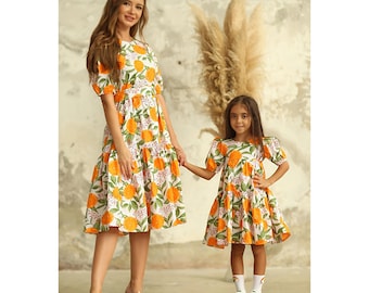 Mommy and Me Orange Print Dress Set – Matching Puff Sleeve Outfits