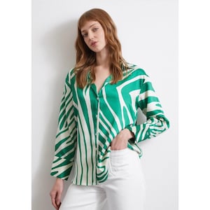Satin Shirt Collection | Green Printed Blouses | Women’s Button-Down Tops