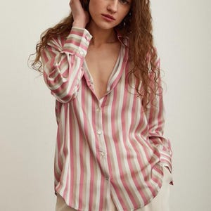 Striped Satin Shirt for Women  | Pink & Navy Options | Elegant Long Sleeve Blouse | FREE SHIPPING