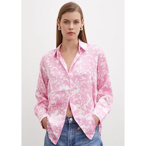Pink and Blue Satin Shirt - Women&#39;s Elegant Button-Down Blouse | Soft Shiny Satin Top for Party, Work, or Casual Wear