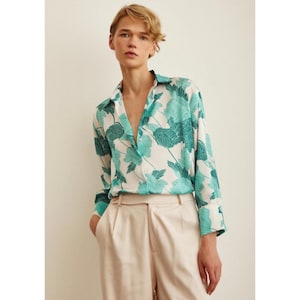 Botanical Satin Shirt: Green & Blue Leaf Print, Elegant Blouse
