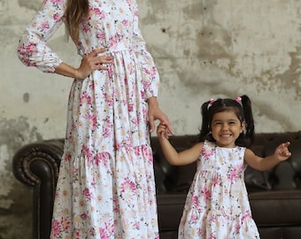 Mommy and Me Matching Dresses: Pink Floral Cotton Tiered Outfits