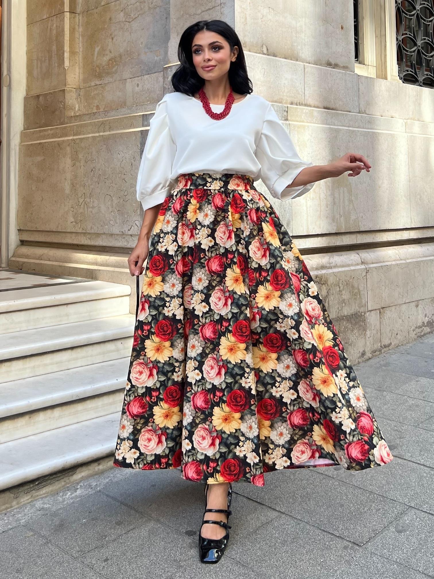 Handmade Red Rose Print Maxi Skirt | Vintage Floral Balloon Skirt