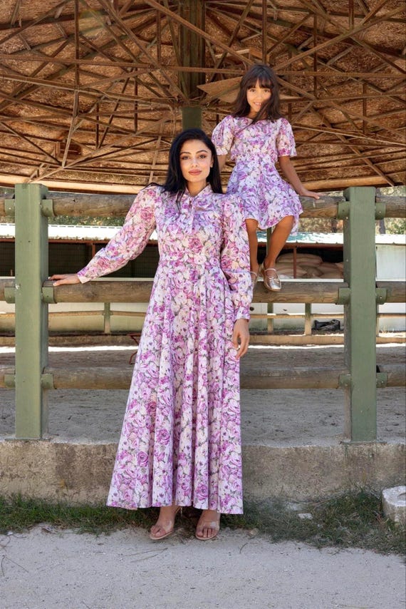 Floral Mommy and Me Matching Dresses: Vintage Bow Neck Cotton Set