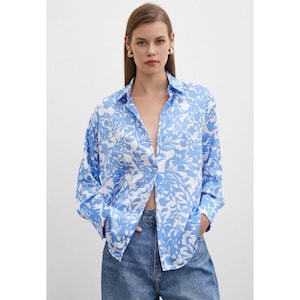 Pink and Blue Satin Shirt - Women&#39;s Elegant Button-Down Blouse | Soft Shiny Satin Top for Party, Work, or Casual Wear
