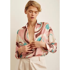 Vibrant Printed Satin Shirt | Elegant Button-Down Blouse | Women’s Luxury Abstract Satin Top