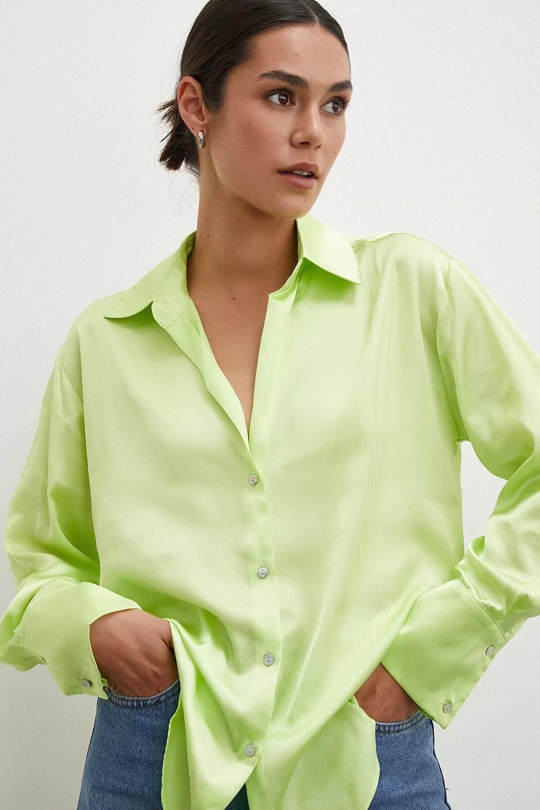 Chemisier en satin vert citron chemise oversize pour femme