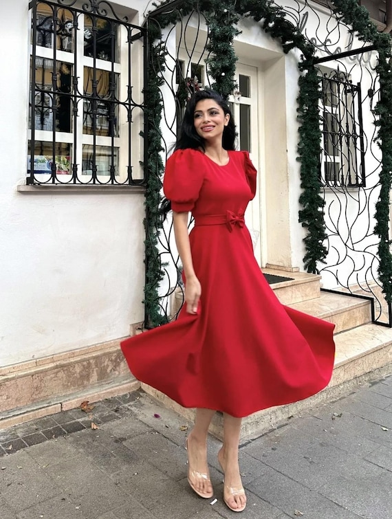red midi a line dress Puff Sleeve Made from non Bloomingdales1 We have the styles Color:Smoky Blue (SteelBlue)