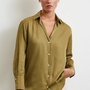 Olive Green Satin Shirt | Classic Button Down Blouse | Elegant Work & Evening Top