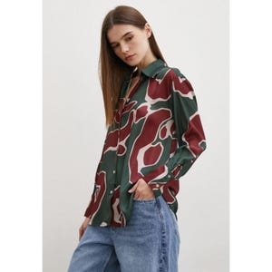 Vibrant Printed Satin Shirt | Elegant Button-Down Blouse | Women’s Luxury Abstract Satin Top