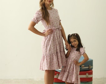 Mommy and Me Cotton Dress: Square Neck Puffy Sleeve Matching Outfits