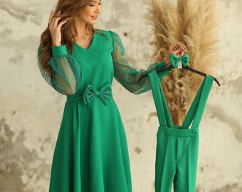 Green Matching Family Outfit: Midi Dress & Pants Set