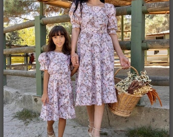 Matching Mom & Daughter Floral Dress: Handmade Puffy Sleeve Midi Outfit