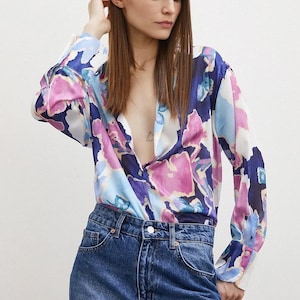 Floral Satin Shirt for Women – Free Shipping – Long Sleeve, Button-Up, Lightweight Blouse for Casual or Office Wear