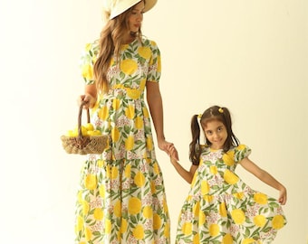 Matching Mother-Daughter Lemon Print Poplin Dress Set