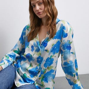 Satin Floral Shirt for Women – Elegant & Breezy  | Summer Button-Up Blouse | Relaxed Fit