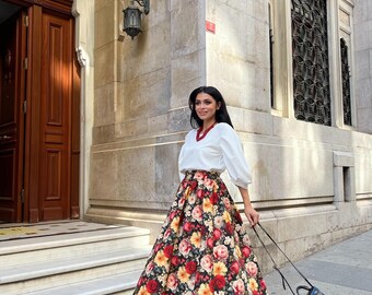 Handmade Red Rose Print Maxi Skirt | Vintage Floral Balloon Skirt