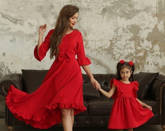 Mommy and Me Red Puff Sleeve Dress Set | Asymmetrical Matching Outfits - Sold Separately