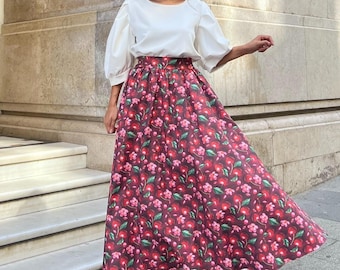 Lange rok met kersenprint | Vintage A-lijn ballonrok met hoge taille