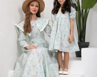 Matching Mother-Daughter Cotton Dress Set: Mint Green Floral Maxi